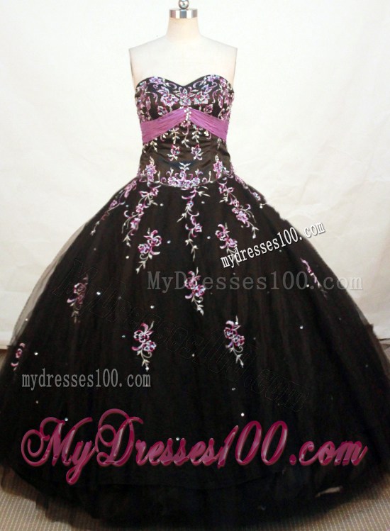Black Ball Gown with Pink Appliques Sweetheart Quinceanera Dress